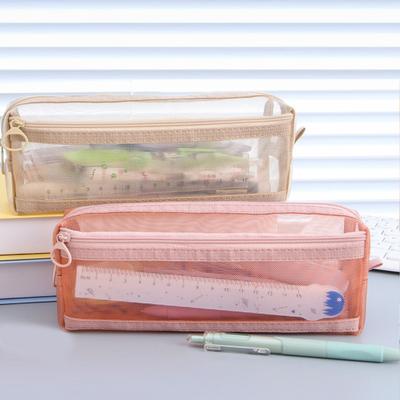Pencil Case Double-Layer Large Capacity Transparent Mesh Students Exams Stationery Organizer Break-resistant Pencil Bag