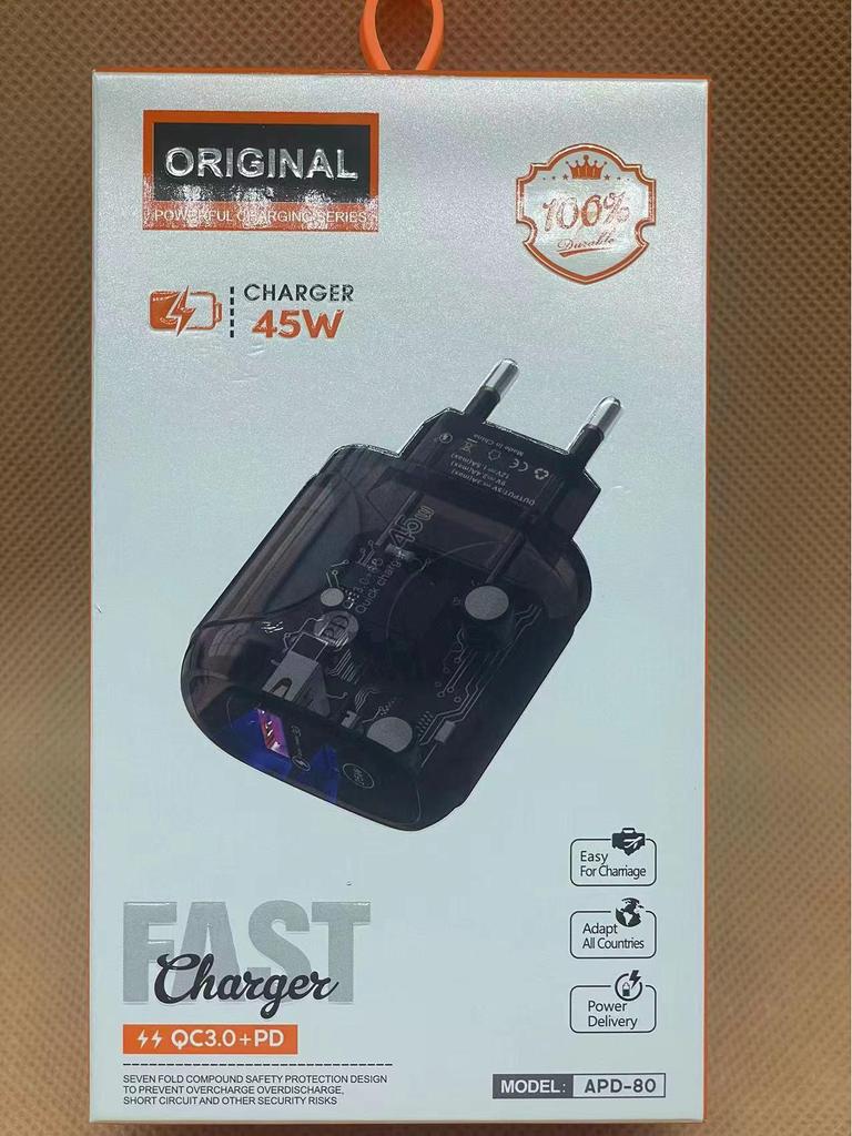 Black Transparent PD45W Fast Charger for Apple/Huawei with A+C Dual Ports