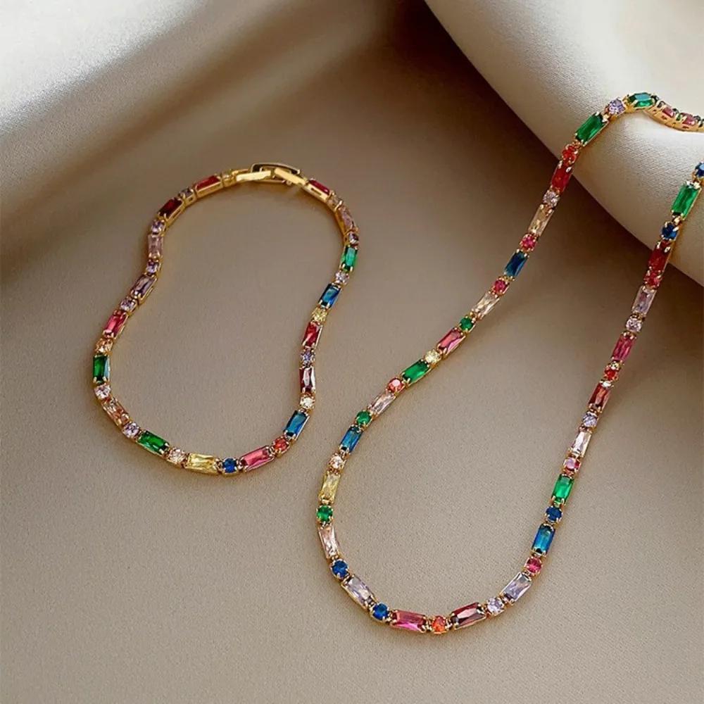 Exquisite Gold Color Stainless Steel Multicolored Crystal Splice Bracelet for Women Charm Trendy Zircon Bangle Bride Jewelry Set