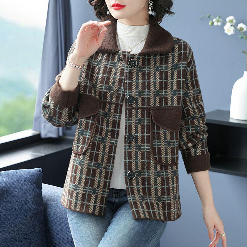 Stylish Petite Cashmere Coat: Slimming Plaid Design for Middle-Aged & Elderly Women, Perfect for Autumn & Winter