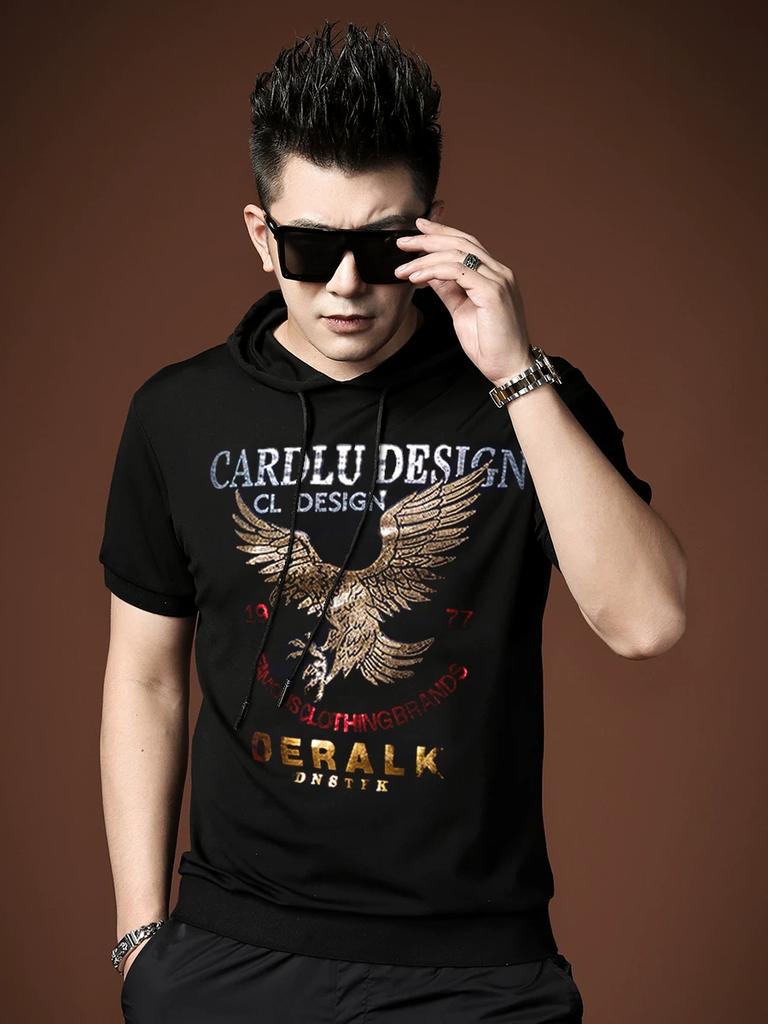 Ozhouzhan Men's Sports Hood Short sleeve T-shirt Summer New Eagle Laser Print Half Sleeve Hoodie Men's Clothing