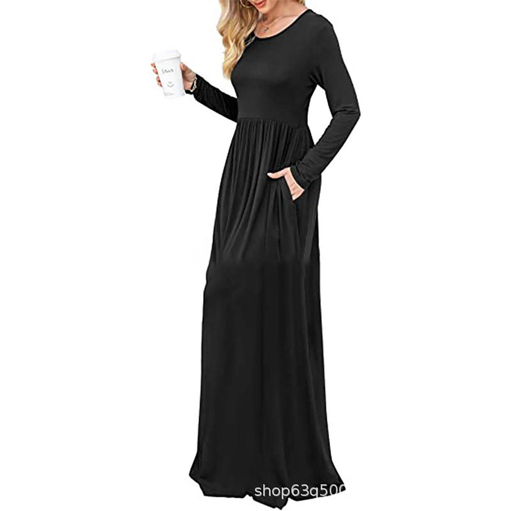Women's Fashion  Solid Color O-neck Long Sleeve Waist Draw Pleated Long Dress Loose With Pocket Long Dress