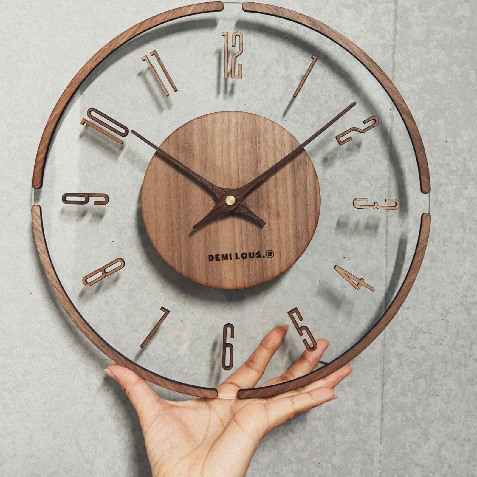 

Stylish and cute clear wooden wall clock with natural dot and round Perfect for living and A great gift for DEMI pattern. Simple, quiet, design.