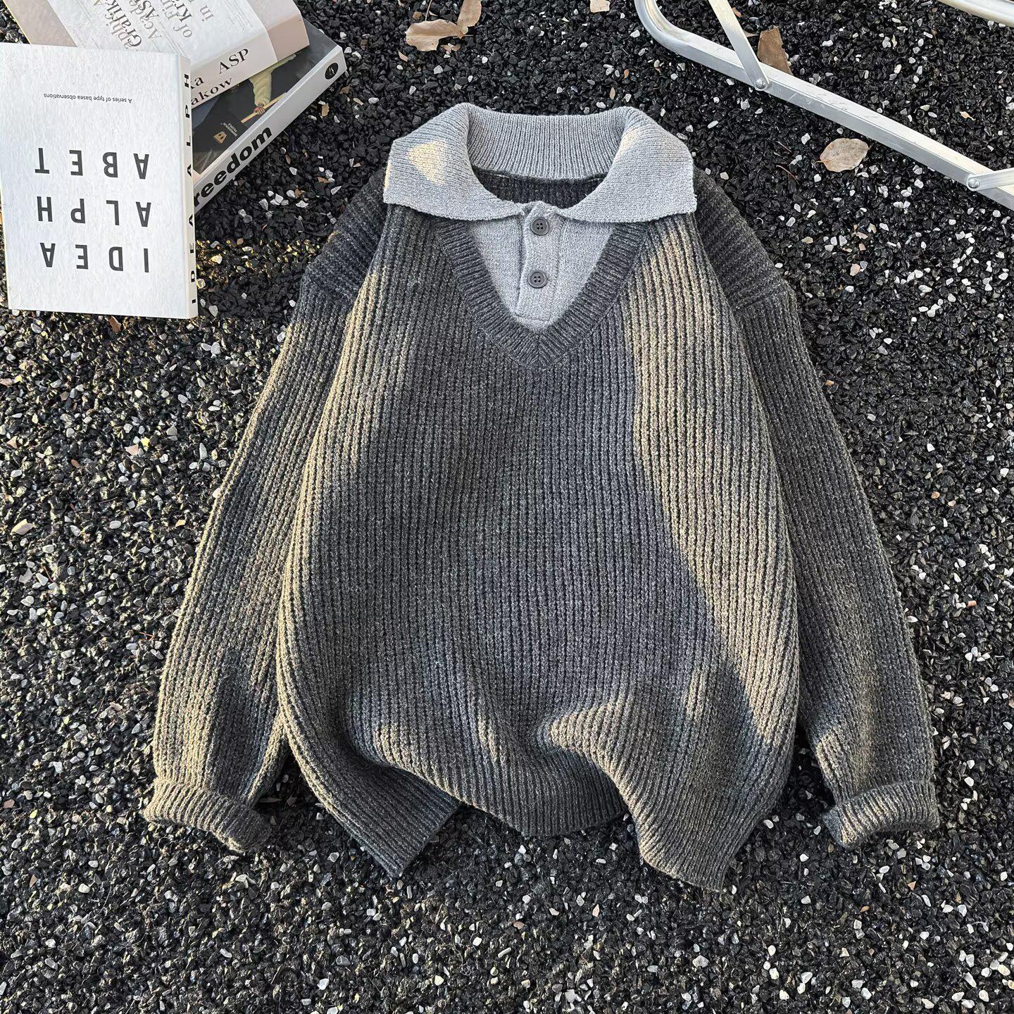 

Men s V-Neck Two-Piece Sweater, Autumn-Winter, Relaxed Fit Polo Knit Triple Extra Large темно-сірий