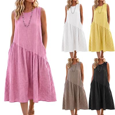 Women Sleeveless Loose Fit Round Neck Casual Tank Dress with Pockets Asymmetrical Hem Lightweight Midi Sundress