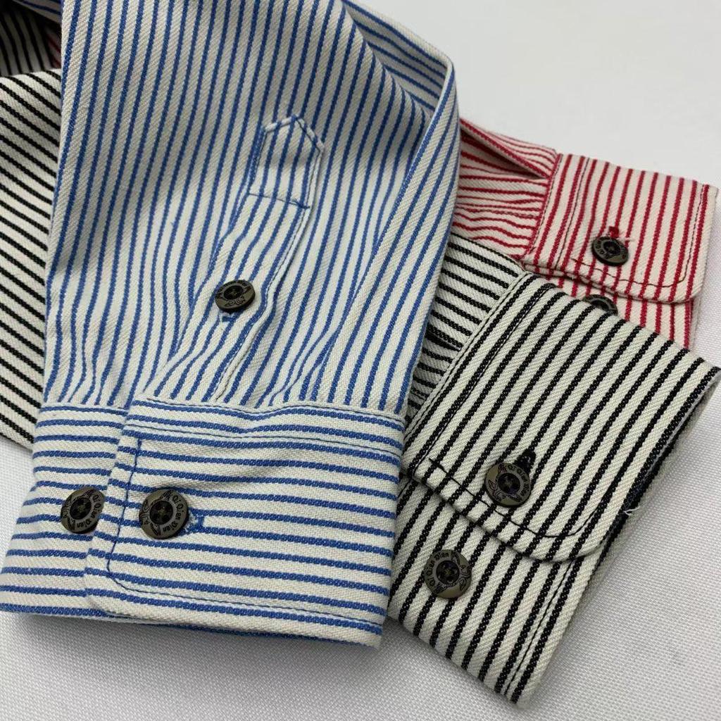 Unisex Retro Japanese Khaki Striped Long-Sleeve Shirt