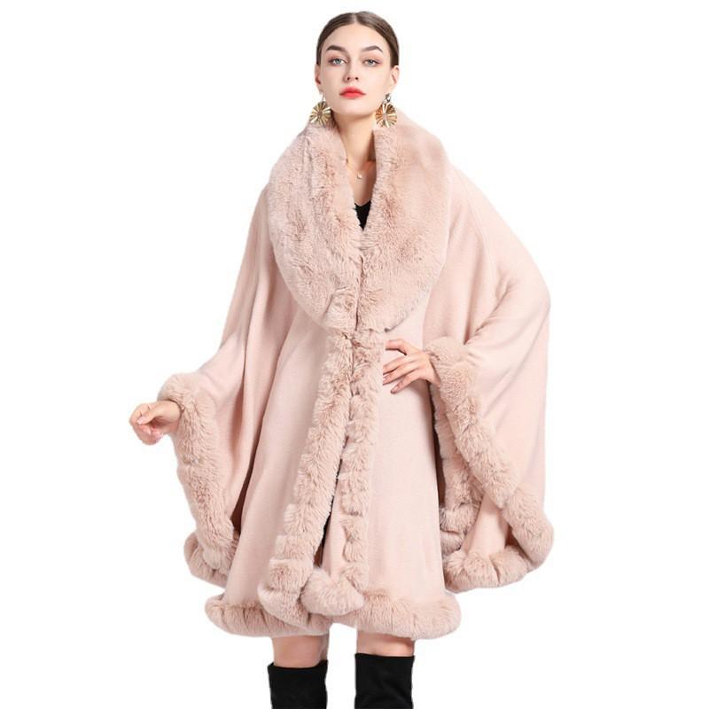 Womens Oversized Knit Cardigan With Faux Rex Rabbit Fur Collar Warm Winter Cape Shawl Coat