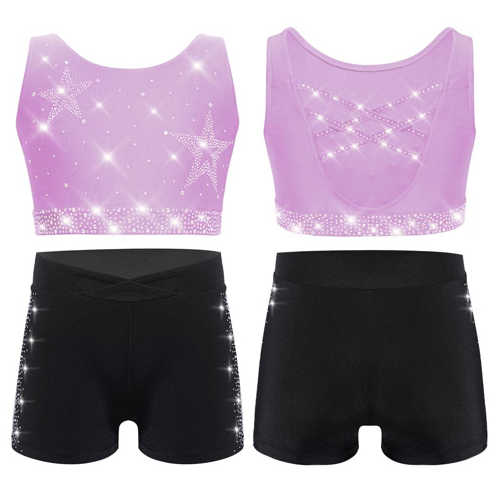 Dívčí gymnasticko-taneční set: Crop top tílko s kamínky, křížením na zádech a véčkem vpředu, s šortkami s elastickým pasem
