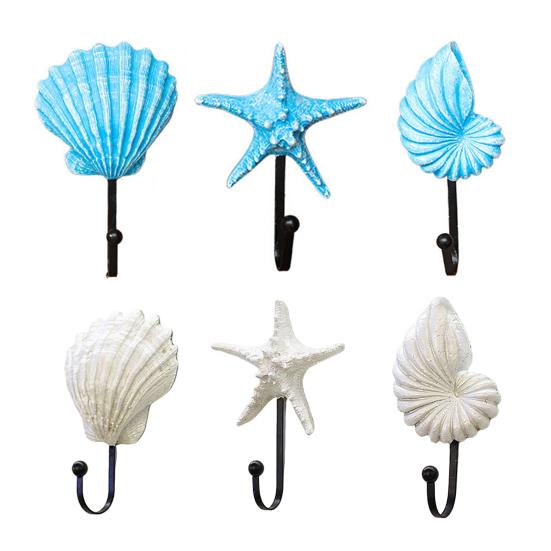 3 Pezzi Ganci da Parete, Ganci Appendiabiti Vintage in Metallo e Resina a Forma di Conchiglia per Bagno Cucina Ingresso, Appendioggetti Decorativo a Tema Spiaggia con Stella Marina Conchiglia,