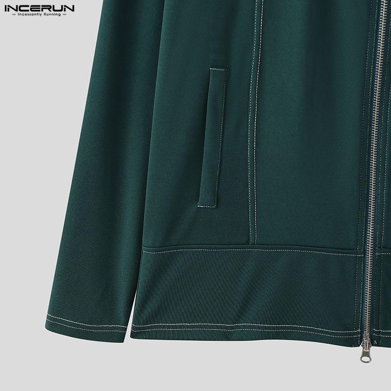 INCERUN Męskie Top T-shirty Casual z Kołnierzem Lapel, Długim Rękawem, Zamkiem Błyskawicznym i Rozcięciami, Dopasowane