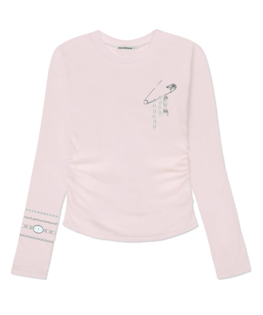 ESCAPEFROM Time Clip Print Slim Fit Shirred Long Sleeve [4 Colors]