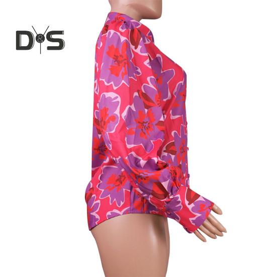 Damska koszula z klapami, bufiastymi rękawami, topy z kwiatowym nadrukiem, jednorzędowa, luźna, cienka bluzka odzież robocza