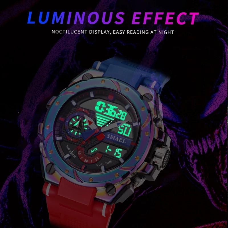 Quartz Watch For Men SMAEL Wristwatches Watcholorful Red Bracelet 50M Waterproof Alarm Clock Analog Digitals 8060 Sport Watches