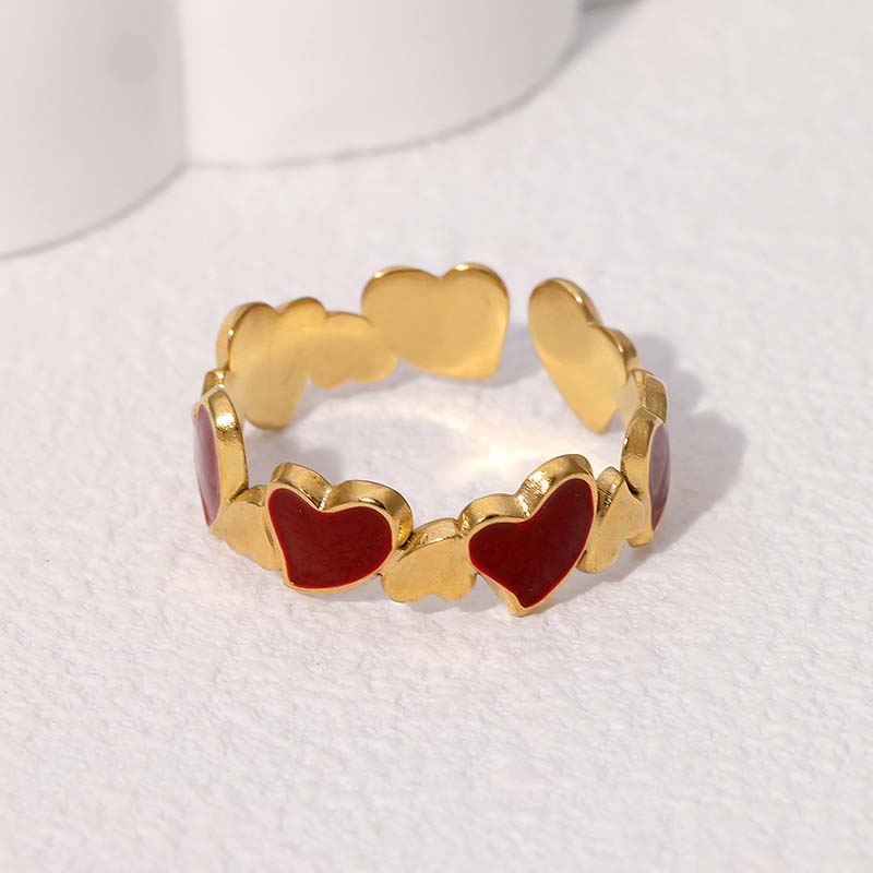 Vintage Red Drip Oil Geometric Rings for Women Stainless Steel Gold Color Heart Opening Adjustable Finger Rings Jewelry New