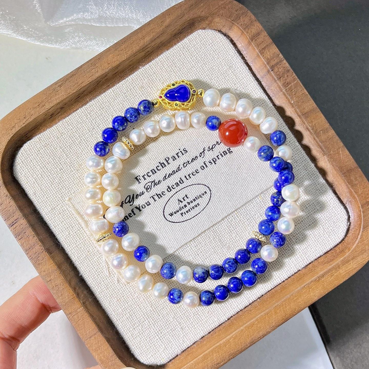 4Mm Natural Lapis Lazuli Freshwater Pearl Chalcedony Multi-Circle Design Bracelet Bracelet