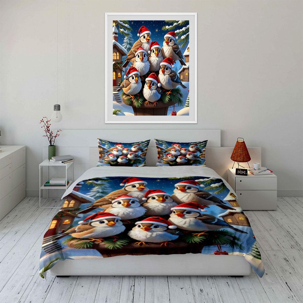 Christmas Birds in Santa Hats Bedding Duvet Cover Set  (1*Duvet Cover 2*Pillowcases, without duvet insert)
