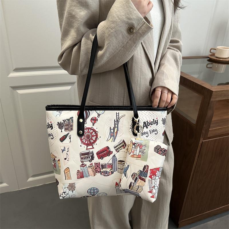 Spring Fashion Printed Graffiti Bag Women's Large Capacity Commuter Retro Fashion Premium Textured Shoulder Bag