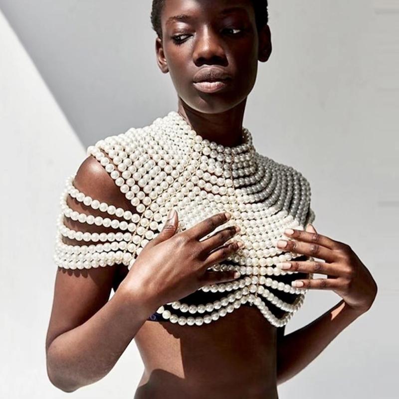Exquisited Chest Chain Imitation Pearls Tassels Layered Necklace Shawl Beaded Body Jewelry for Elegant Evening Parties