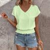 Women's Fashion V-neck Solid Color Hollow Short Sleeve Top T-shirt Summer