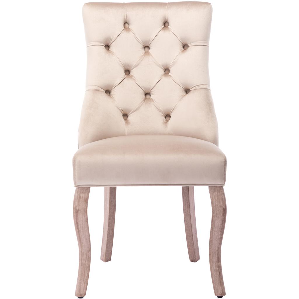 4-Leg Chair, Beige Velvet Dining Chair, High Backrest, with Button Tufting, Solid Wood Frame, Beige (Set of 2)
