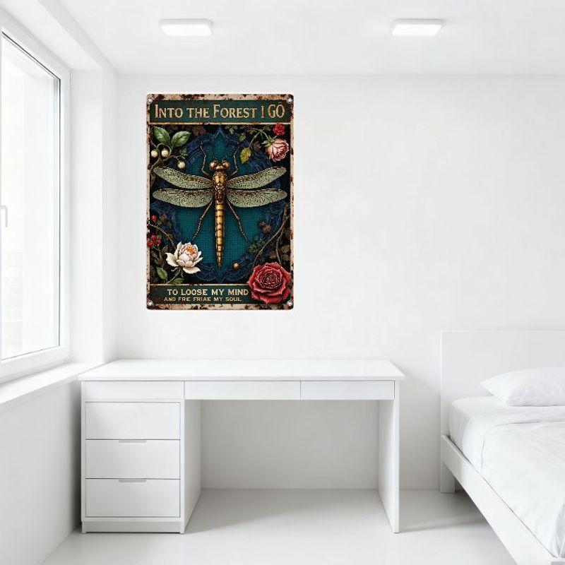 Vintage Metal Sign 'Into The Forest I Go' Dragonfly Botanical Art Rustic Home Decor Wall Plaque for Man Cave Café Bar
