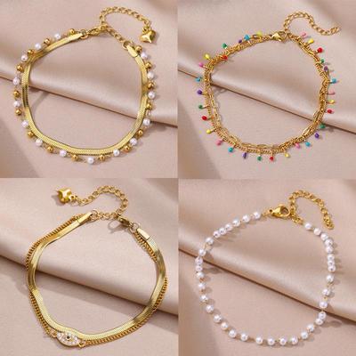 2024 Anklets for Women Summer Beach Accessories Stainless Steel Imitation Pearl Chain Anklet Gold Color Leg Bracelets Bodychain Gifts