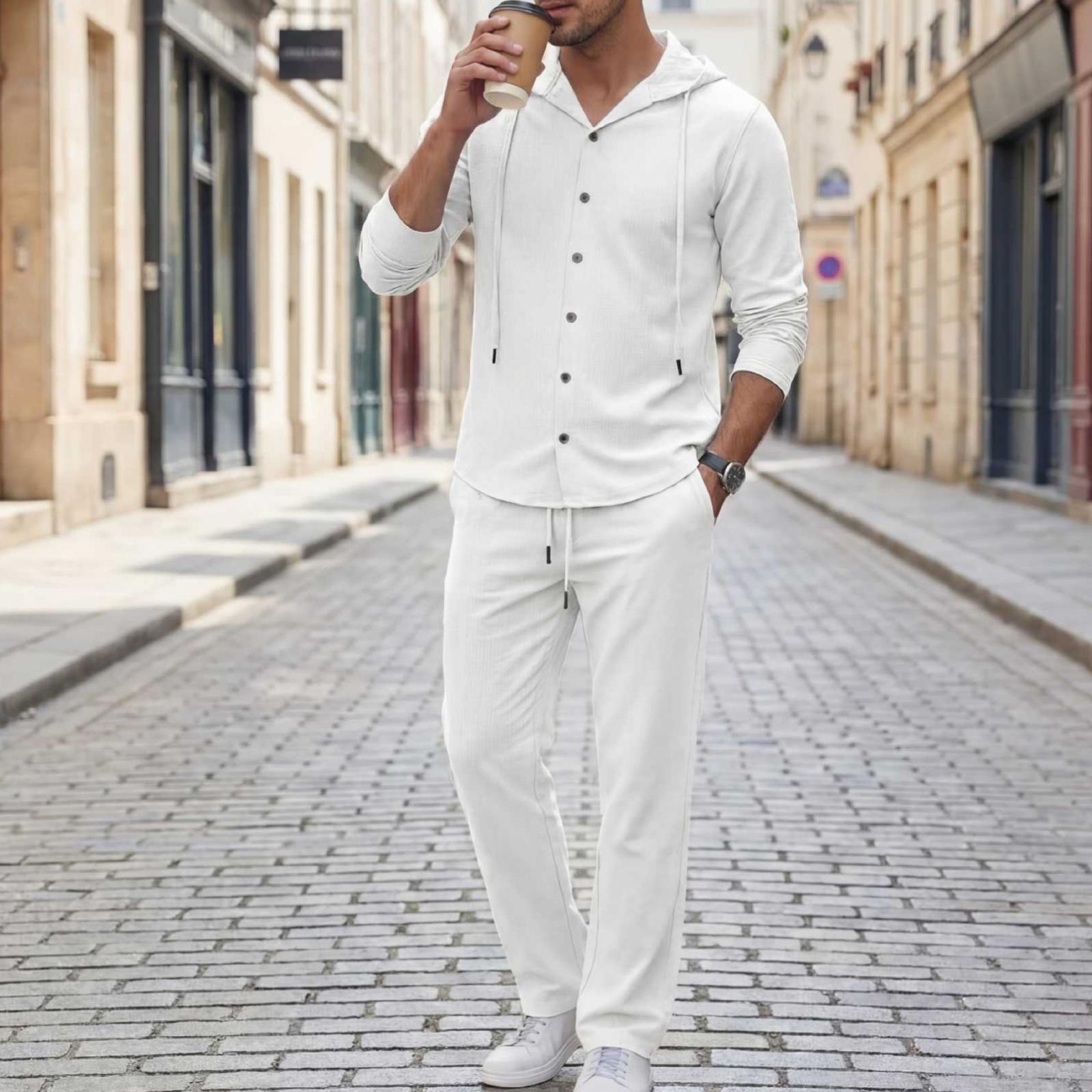 

Men s Long-sleeve Hooded Multi-button Casual Linen Shirt Set XXXL білий