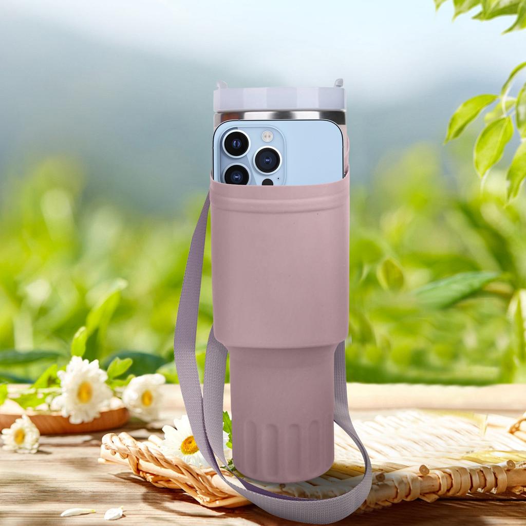 Silicone Water Bottle Carrier Bag With Phone Pocket For 40oz Tumbler, Neoprene Water Bottle Holder Pouch With Adjustable Strap Bollus