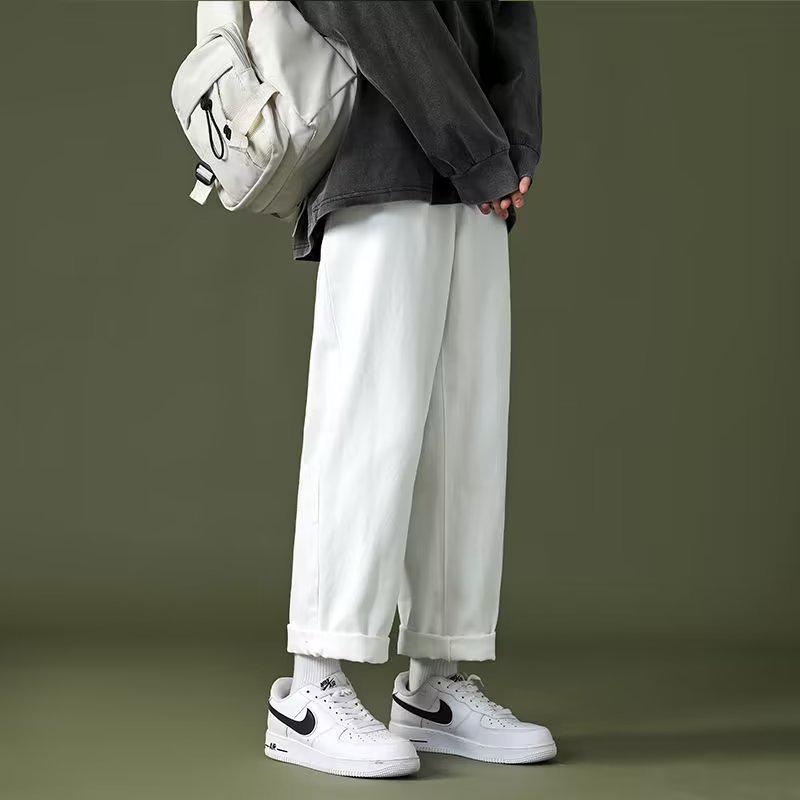 Trendy Men's White Hong Kong Style Straight & Wide Leg Cropped Jeans