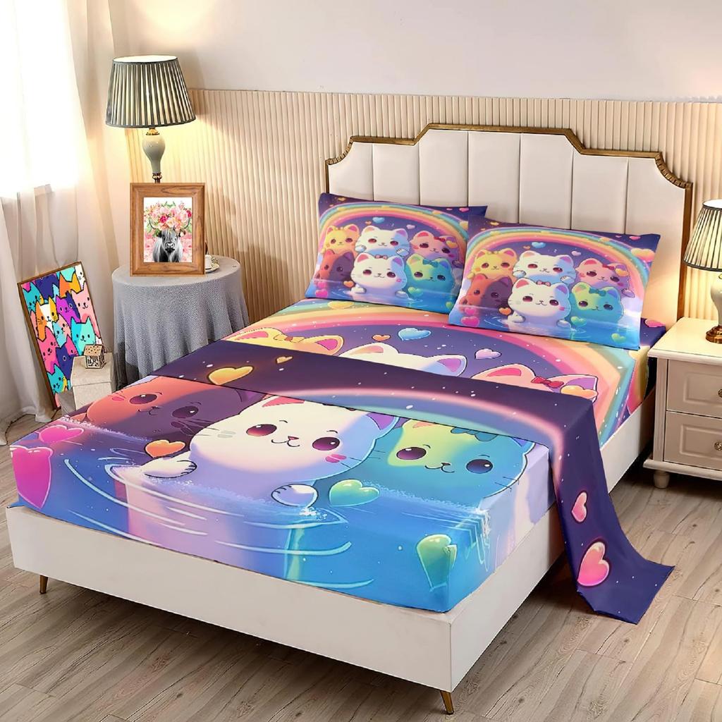 Cute Cartoon Cat Pattern Bed Hat Four-Piece Bedding Set Bedroom Dormitory Bedding Decoration