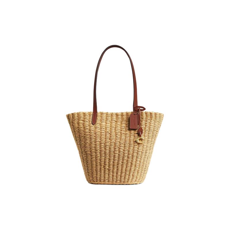 

COACH Straw 19 Signature Logo Detail Magnetic Closure Straw Shoulder Handbag Small Women s Natural Color коричневий