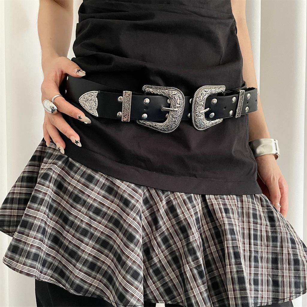 Vintage Punk Double Buckle Belt For Women Rivet Studded PU Leather Gothic Y2K Retro Style