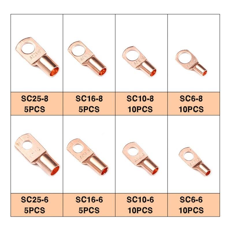 60pcs Battery Bare Copper Ring Lug Terminals Connector Wire Gauge SC6-25 Kit US