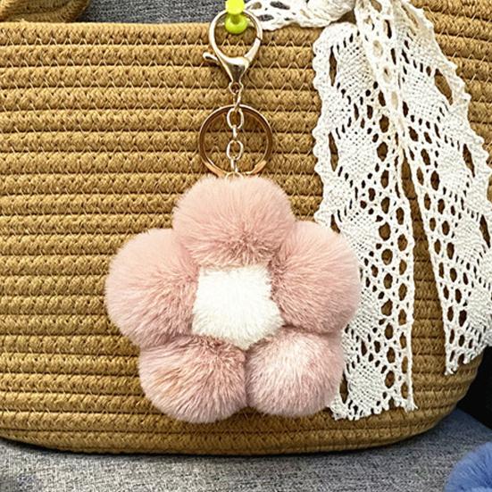Lightweight Bag Decor Plush Flower Keychain for Handbags, Five-petal Charm, Metal Key Chain Fluffy Backpack Hanging Accessory Women