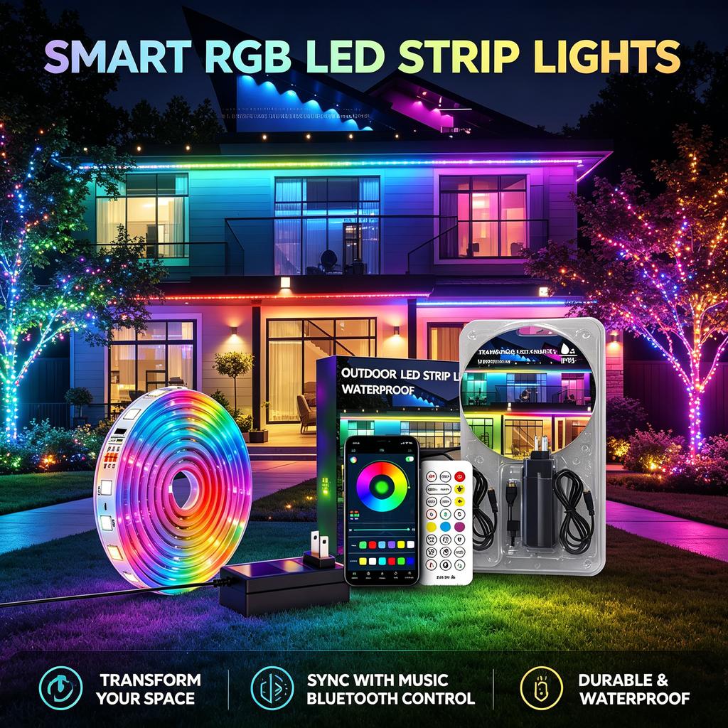 Tira de luces LED RGB inteligente con control por Bluetooth y sincronización de música para exterior