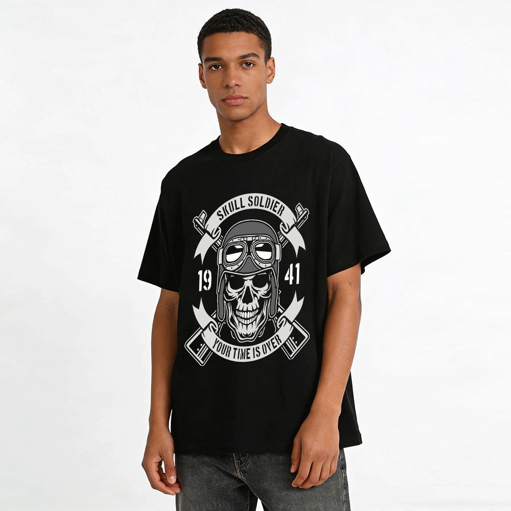 Vintage Skull Soldier Print T-shirt Cool Dark Style Top For Men Pure cotton T-shirt