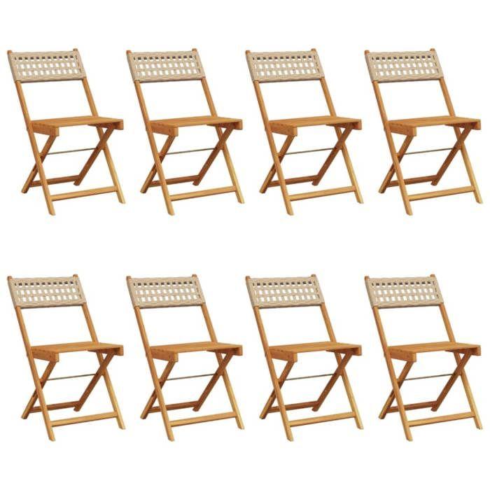 VidaXL Folding Garden Chairs Set of 8 Beige Rattan and Solid Wood, Garden Seat, Patio Chair, Dining Chair of 3214600