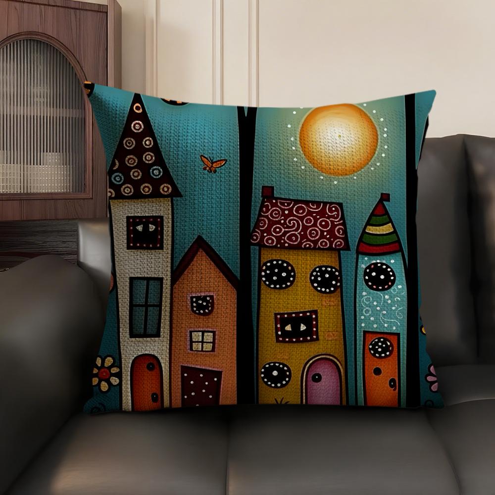 Bemaltes Waldhaus Kissenbezug Natürlicher Leinen Bio-Stoff Doppelseitiger Druck Sofa Heimdeko Geschenk Kissenhülle