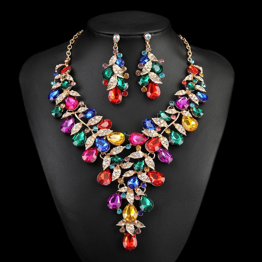 Exaggerated Rhinestone Necklace Earrings Set Women'S Dress Banquet Accessories