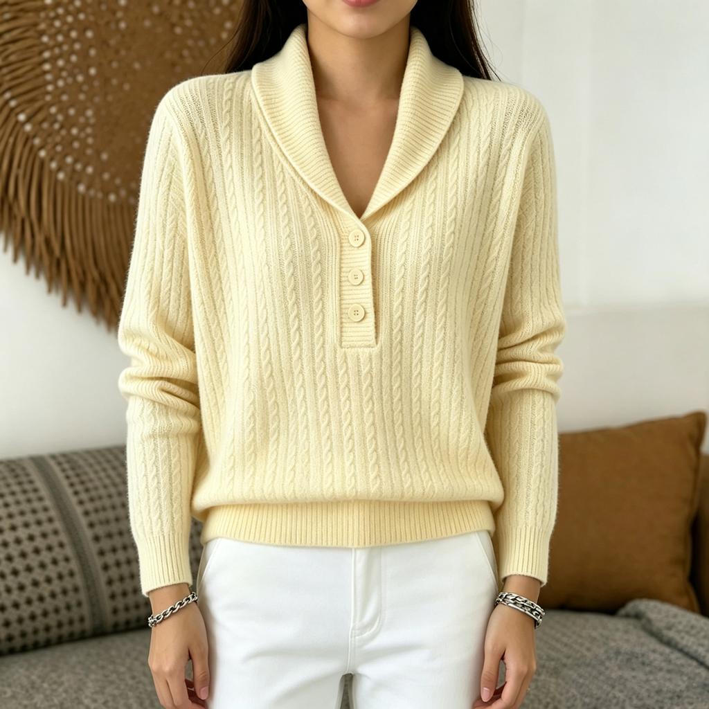 Women's Color Knit Button Sweater with Cable Knit Collar for Casual Wear
