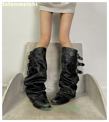 Mode Damen Gürtelschnalle Plissiert Locker Stiefel Schwarz Dicker Absatz Retro Lange Hose Stiefel 2025 Wintermode Flats Kniehohe Stiefel