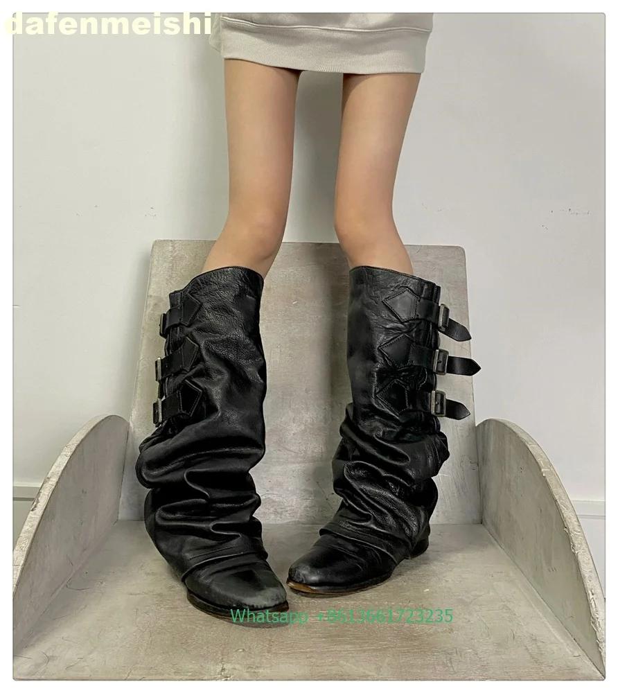 Fashion Women's Belt Buckle Pleated Loose Boots Black Thick Heel Retro Long Trousers Boots 2025 Winter Fashion Flats Knee-High Boots
