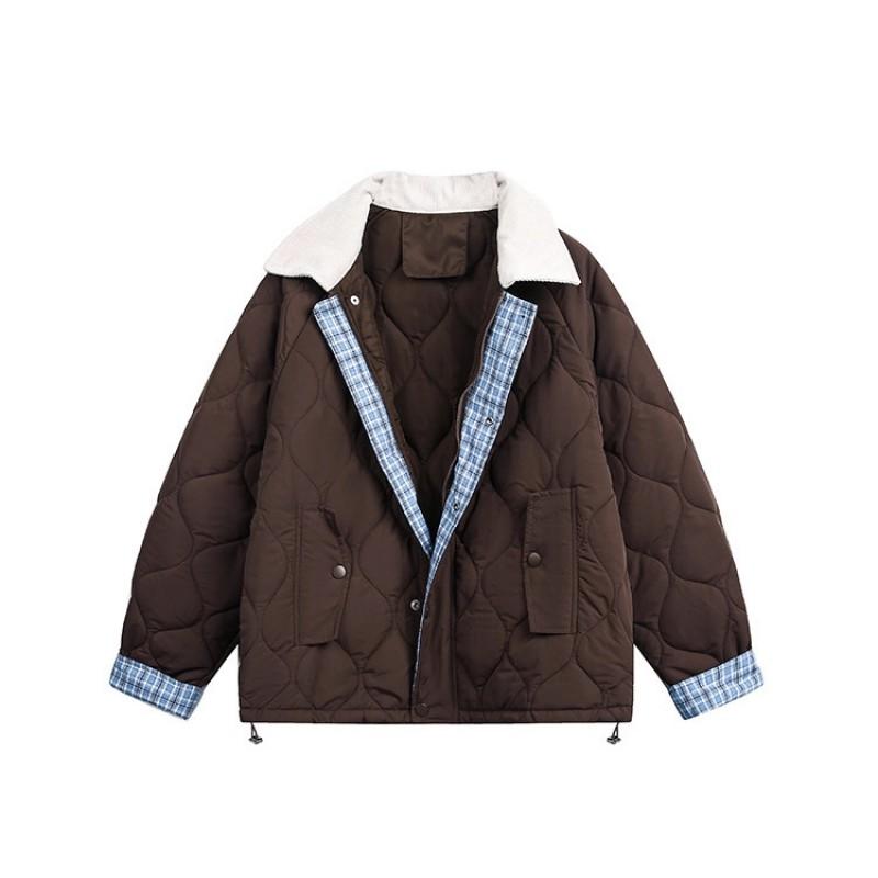 Unisex Retro College Style Quilted Cotton Puffer Jacket With Turn-Down Collar Thick Warm Winter Short Coat Teens Adults