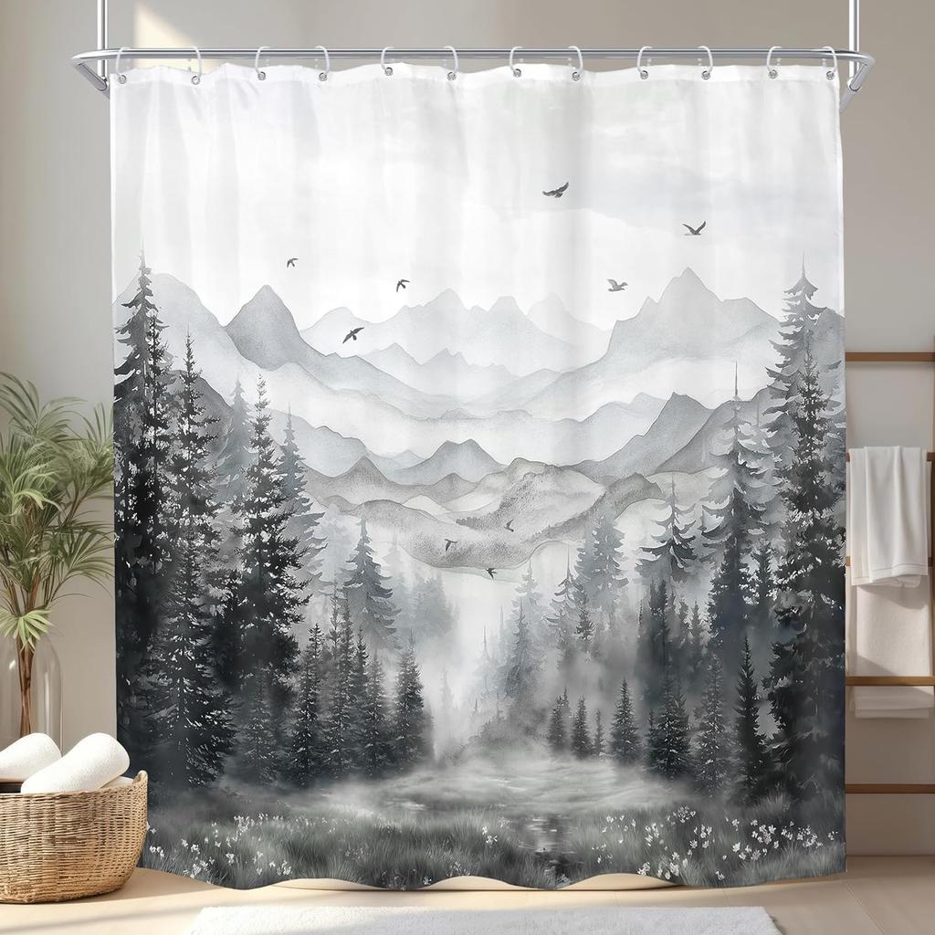 Rustic Green Mountain Shower Curtain for Bathroom Nature Misty Pine Tree Modern Woodland Watercolor Scenery Landscape Fabric