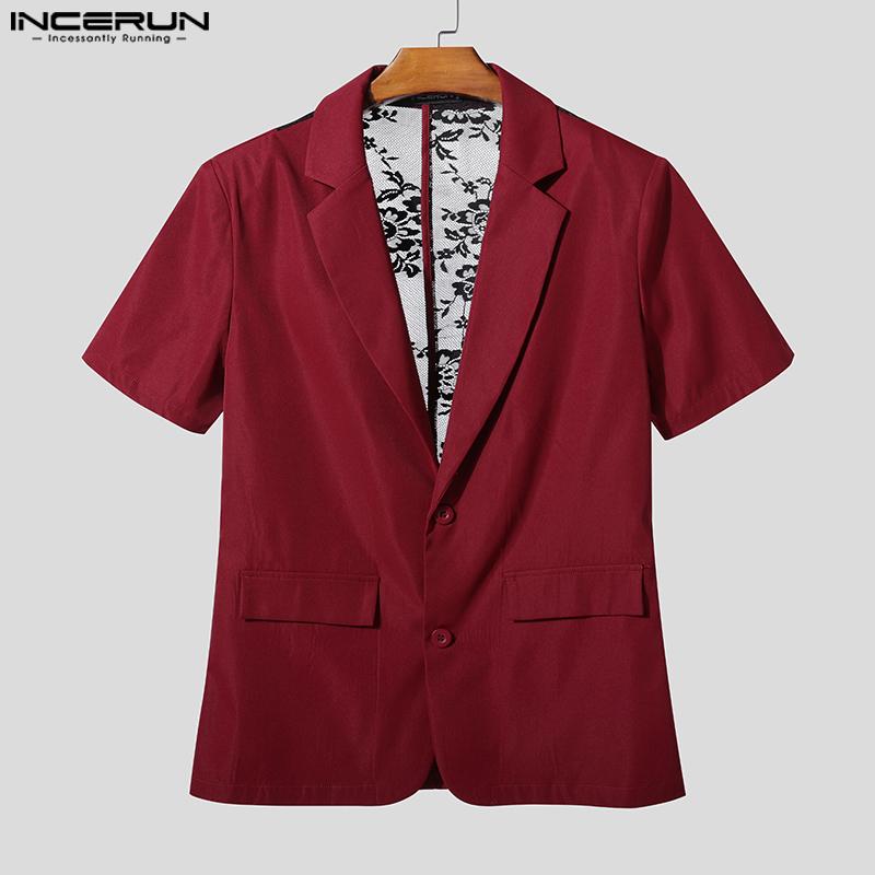 INCERUN Oversized Men Lapel Neck Short Sleeve Back Lace Casual Blazer Tops