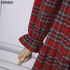VONDA Rochie Midi Eleganta Retro pentru Femei cu Guler Pătrat, Mâneci Lungi Bufante, Curea, Imprimeu Carouri Vintage
