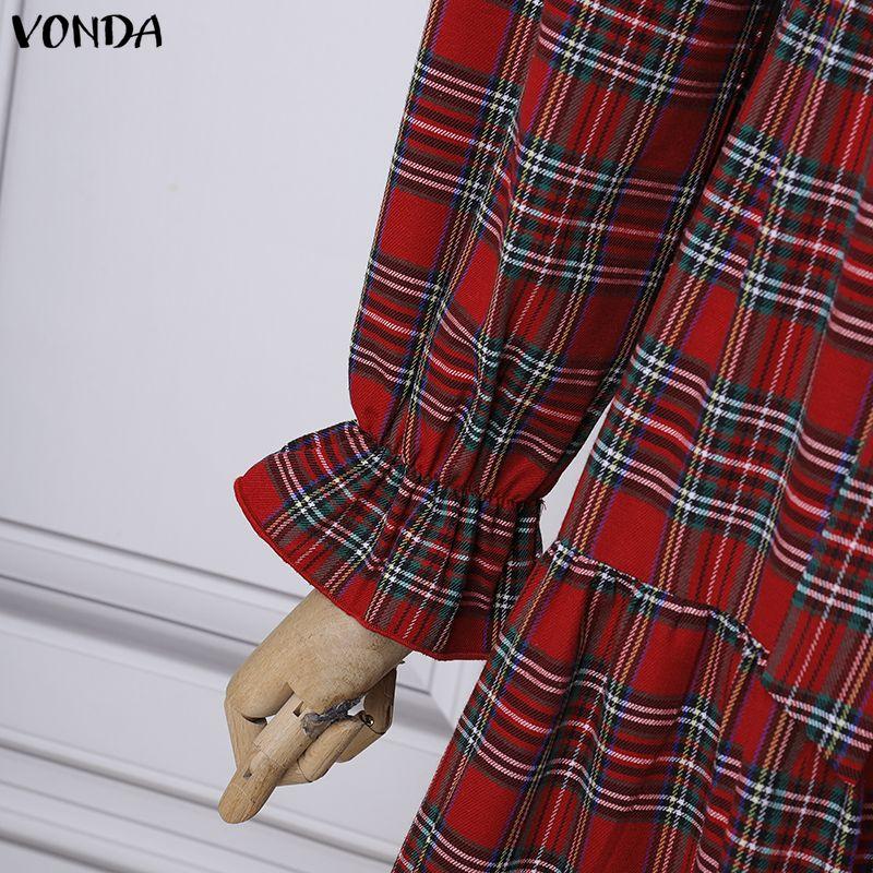 VONDA Rochie Midi Eleganta Retro pentru Femei cu Guler Pătrat, Mâneci Lungi Bufante, Curea, Imprimeu Carouri Vintage