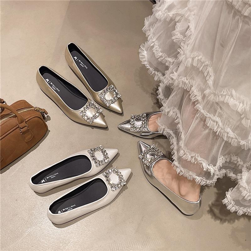 2025 spring and autumn new flat-bottomed commuter single shoes rhinestone square buckle pointed shallow mouth shoes daily height increase one pedal s