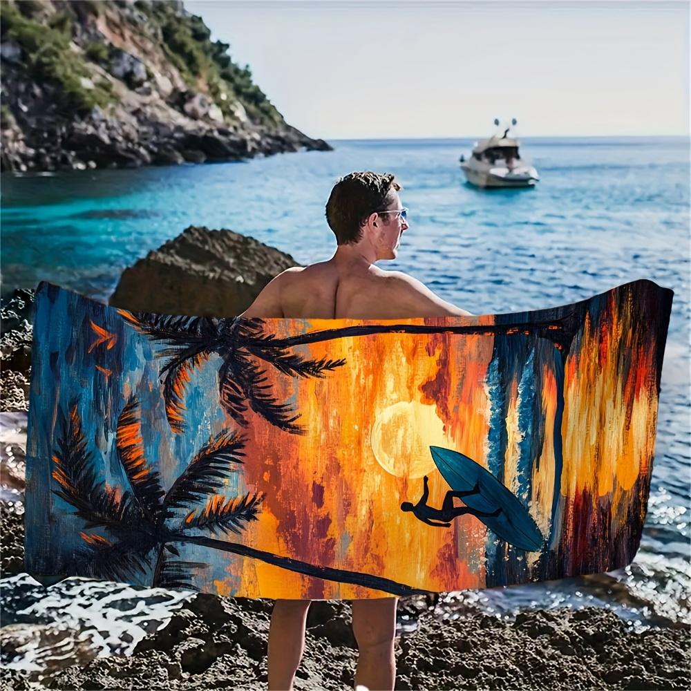 1 ud. Toalla de Playa Oversize Brisa Tropical -Poliéster de Microfibra Suave de Rápida Absorción, Vibrante Estampado de Escena de Playa al Atardecer con Palmera
