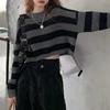 Fashion Striped Women Short Sweater Vintage Gray Knit Long Sleeve Loose Fit Casual Pullover Top O Neck Elegant Autumn Winter Basic Clothing